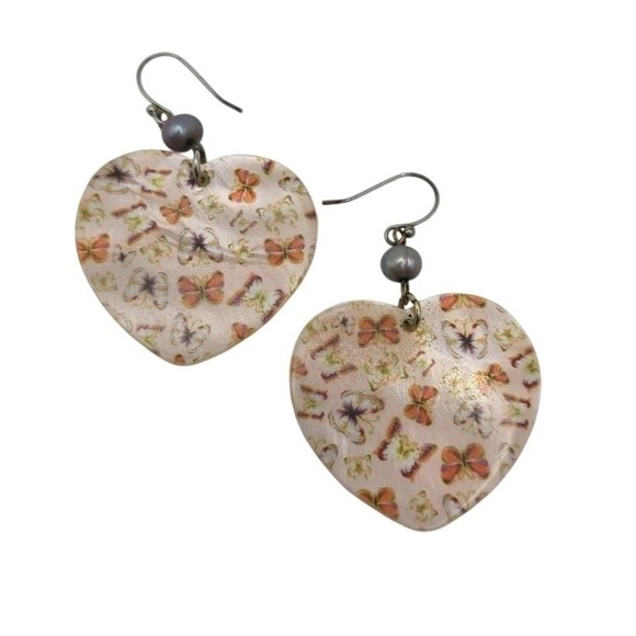 The Unbranded Brand Jewelry - Vintage Heart Shaped Mother Of Pearl Shell Dangle Earrings Butterfly Pattern